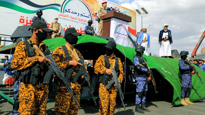 Houthi military spokesman Brigadier Yahya Saree delivers a statement during a rally in Sanaa in solidarity with Palestinians on March 15, 2024, amid the ongoing conflict in the Gaza Strip between Israel and the Hamas movement. 